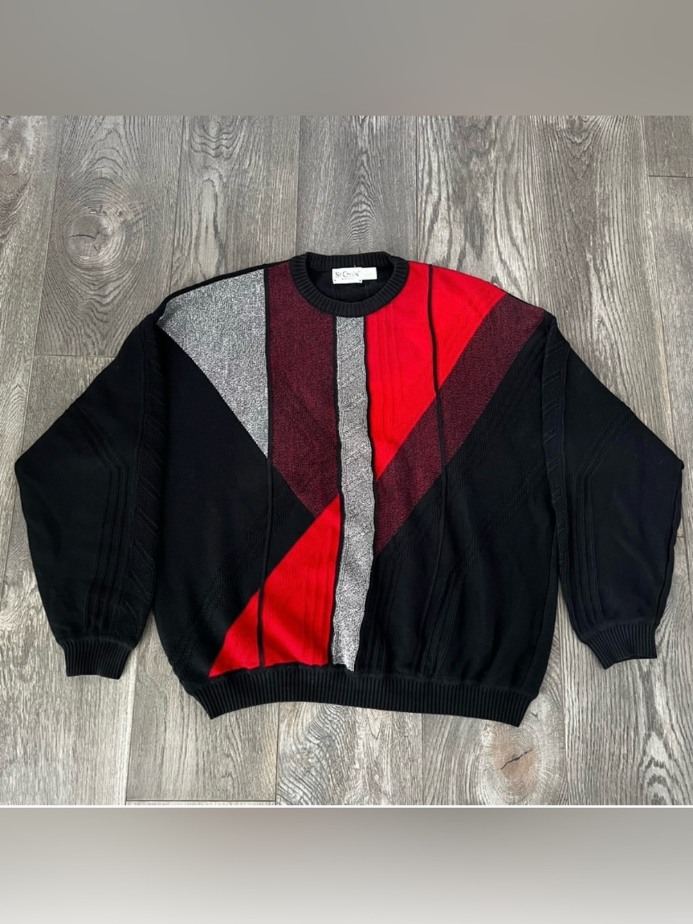 ST. CROIX Vintage 80’s Men’s Geo Abstract Knit Grandpa Sweater Black Red Size XL